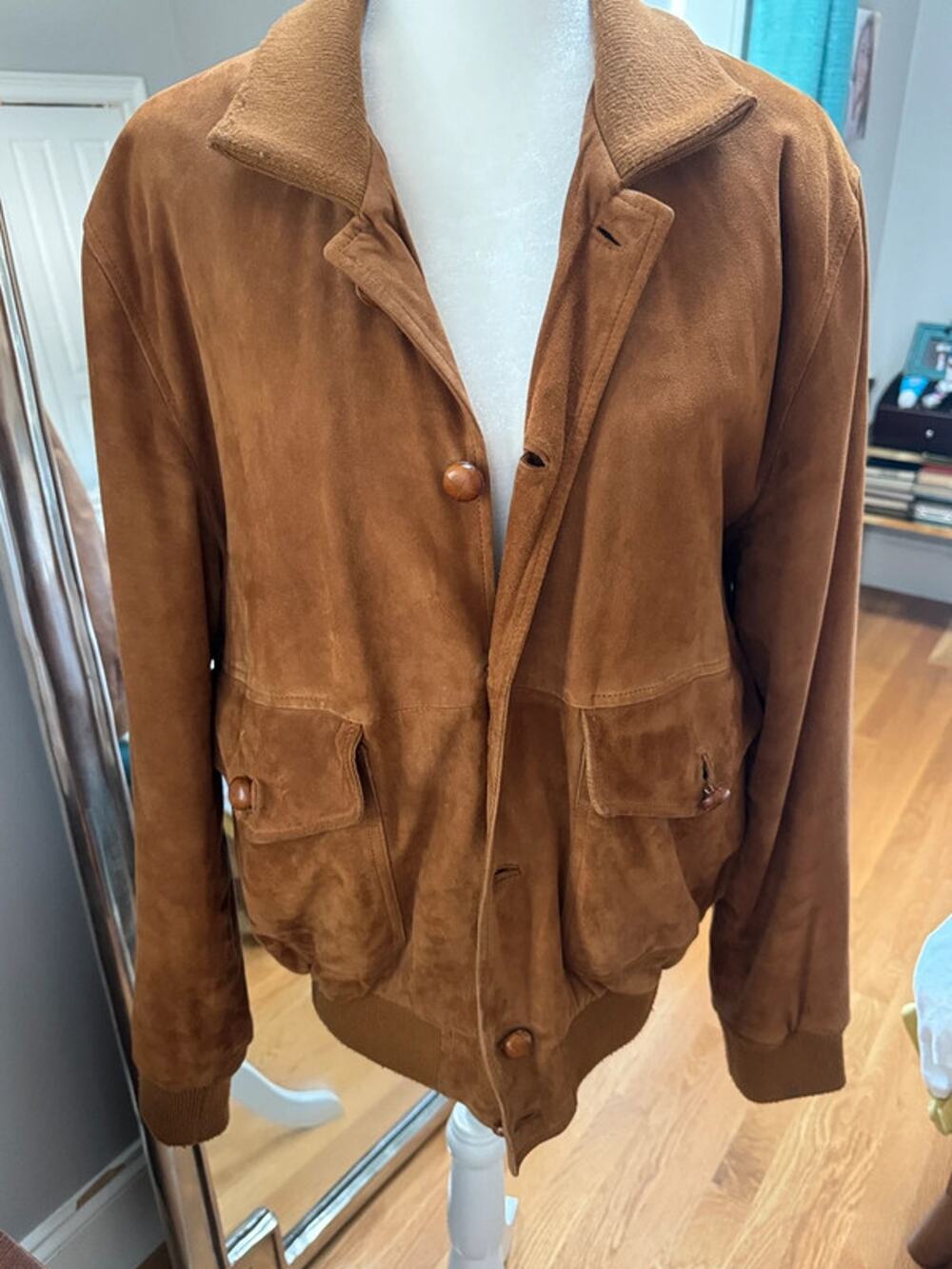 Vintage Fantastic suede Bomber jacket leather covered buttons mens size L